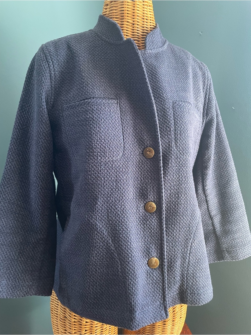Sigrid Olsen Waffle Textured Cotton Blend Navy Blue Cropped Jacket Blazer Small
